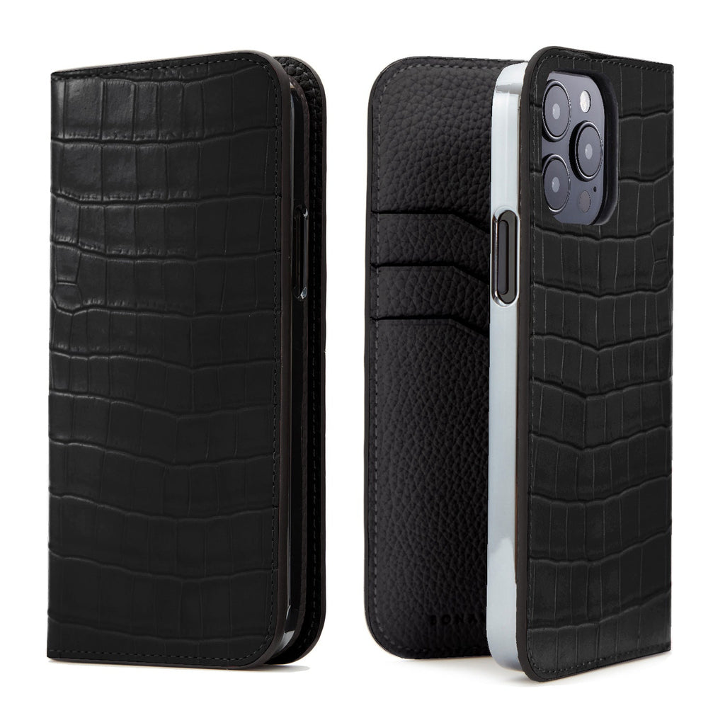 iPhone 14 Pro Diary Case Embossed Croco Leather (Black)