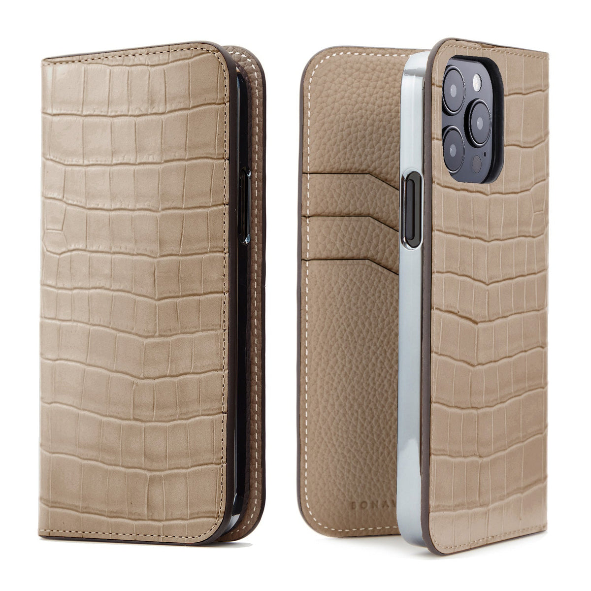 iPhone 14 Pro Diary Case Embossed Croco Leather (Greige)