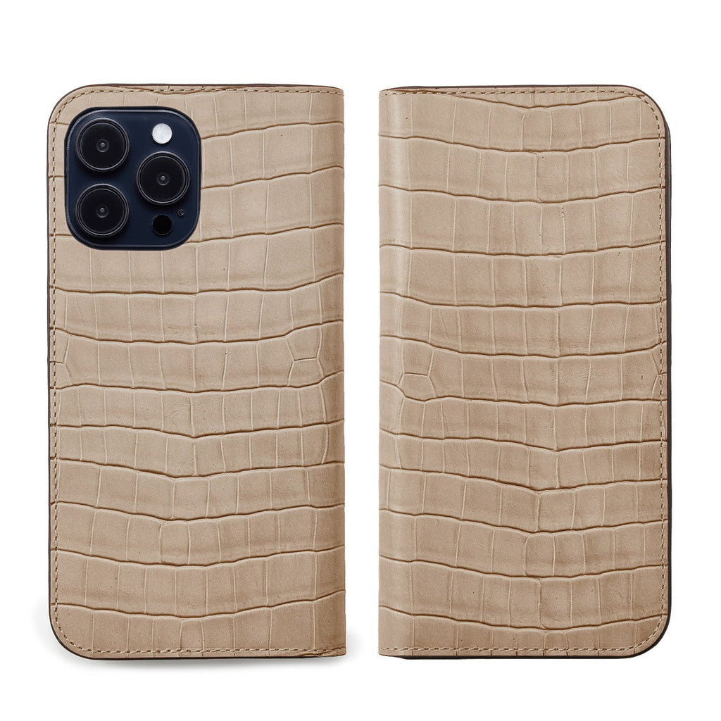 iPhone 14 Pro Diary Case Embossed Croco Leather (Greige)