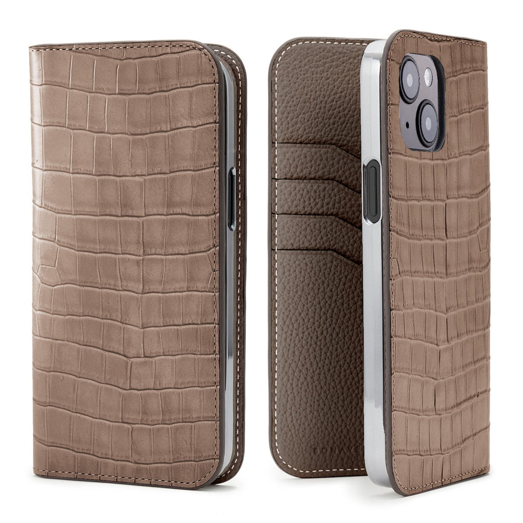 iPhone 14 Plus Diary Case Embossed Croco Leather (Etoupe)