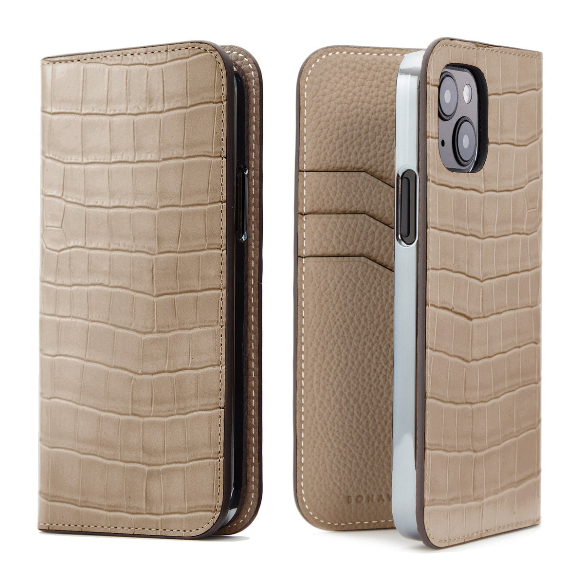 iPhone 15 Diary Case Embossed Croco Leather (Greige)