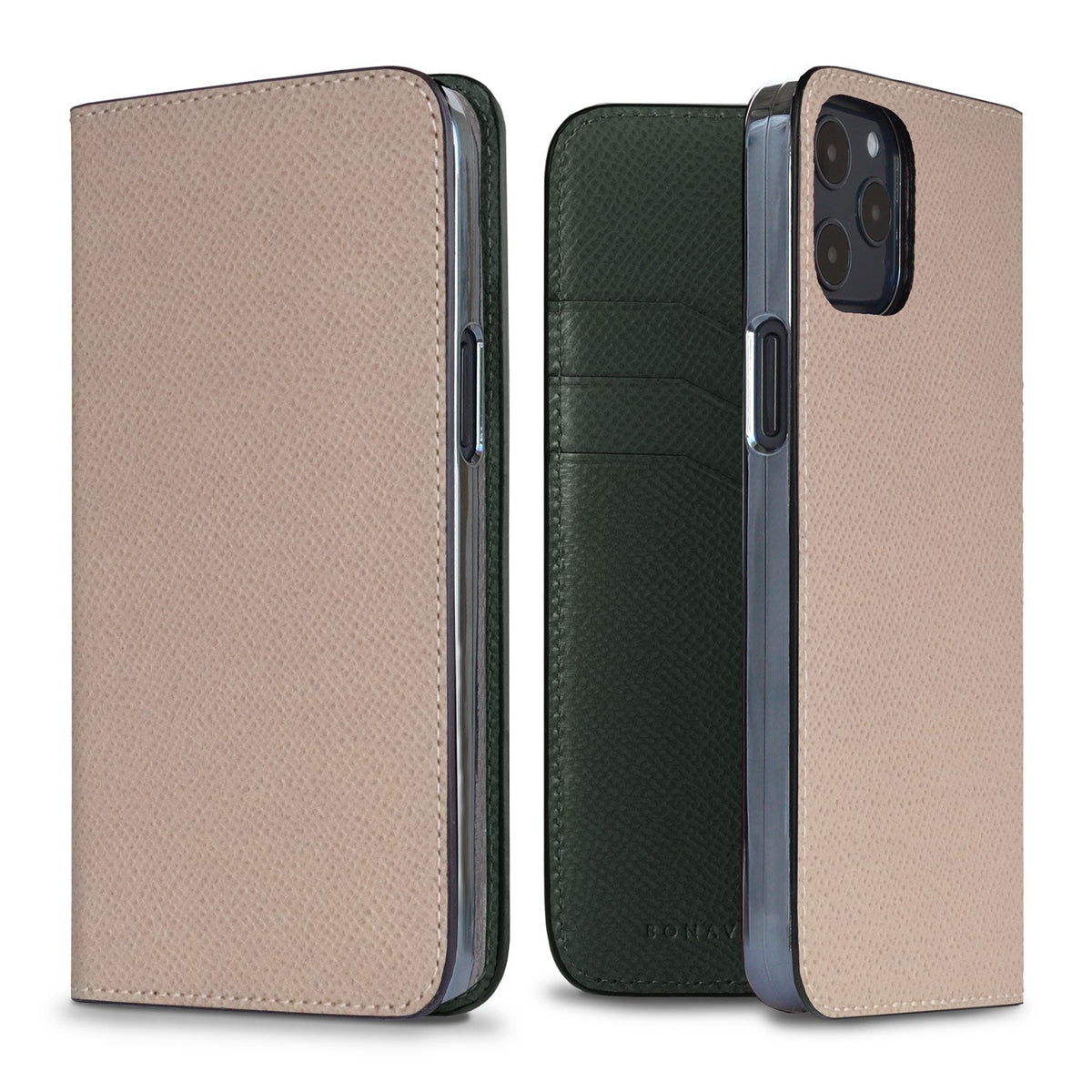 iPhone 12 / 12 Pro Diary Case Nobile Leather (Greige × Malachite Green)