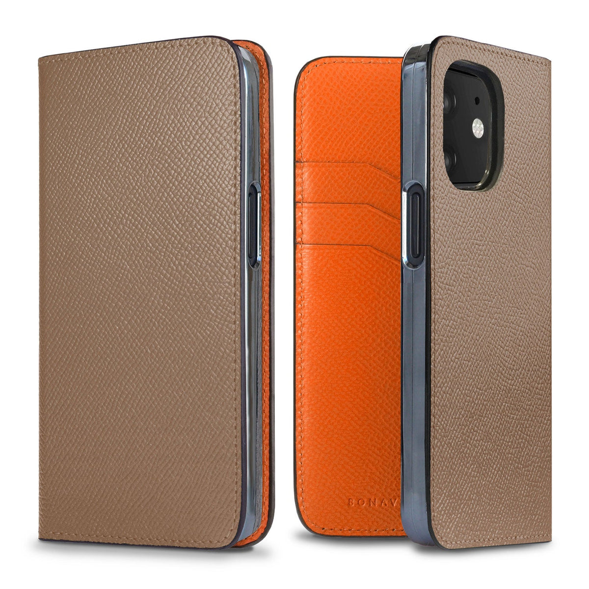 iPhone 12 mini Diary Case Nobile Leather (Etoupe × Orange)