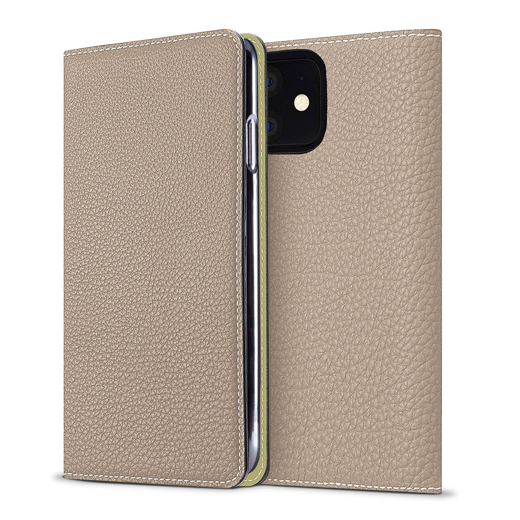iPhone 11 Diary Case Shrink Leather (Greige × Yellow)