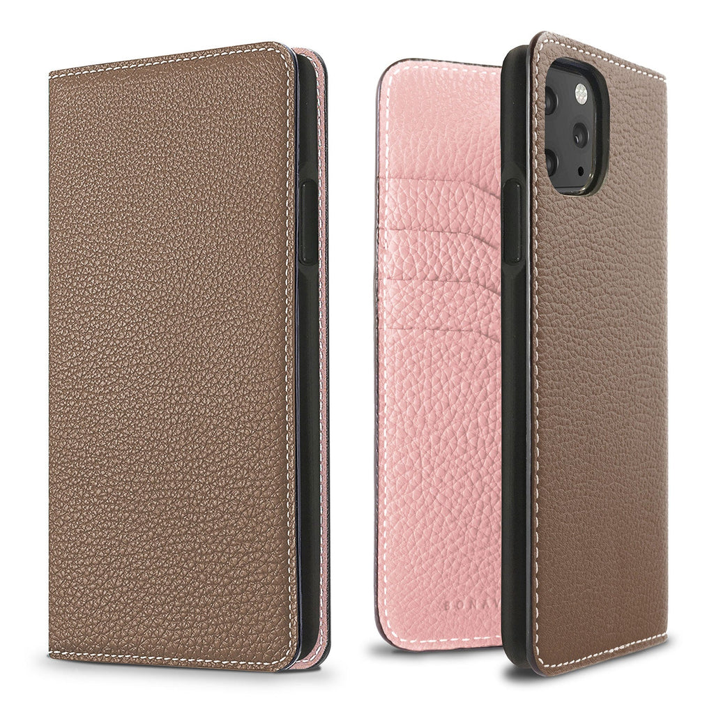 iPhone 11 Pro Max Diary Case Shrink Leather (Etoupe × Sakura Pink)