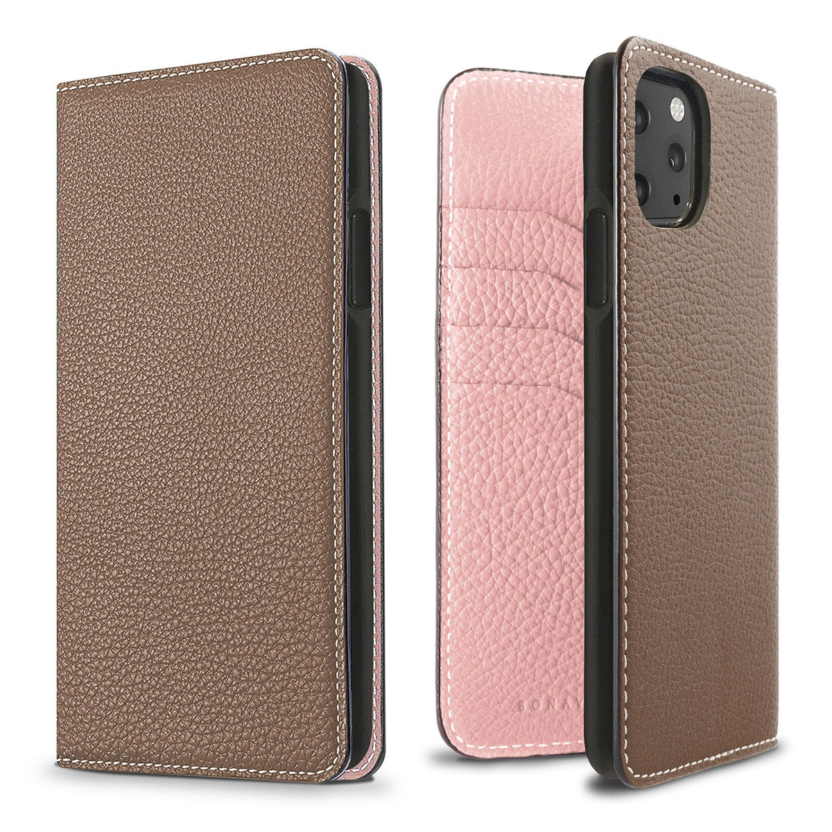 iPhone 11 Pro Max Diary Case Shrink Leather (Etoupe × Sakura Pink)