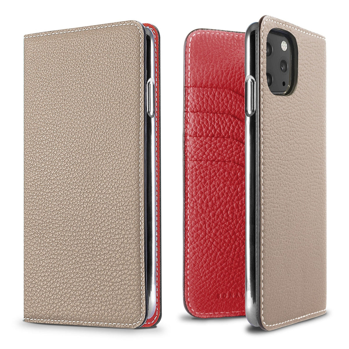 iPhone 11 Pro Max Diary Case Shrink Leather (Greige × Red)