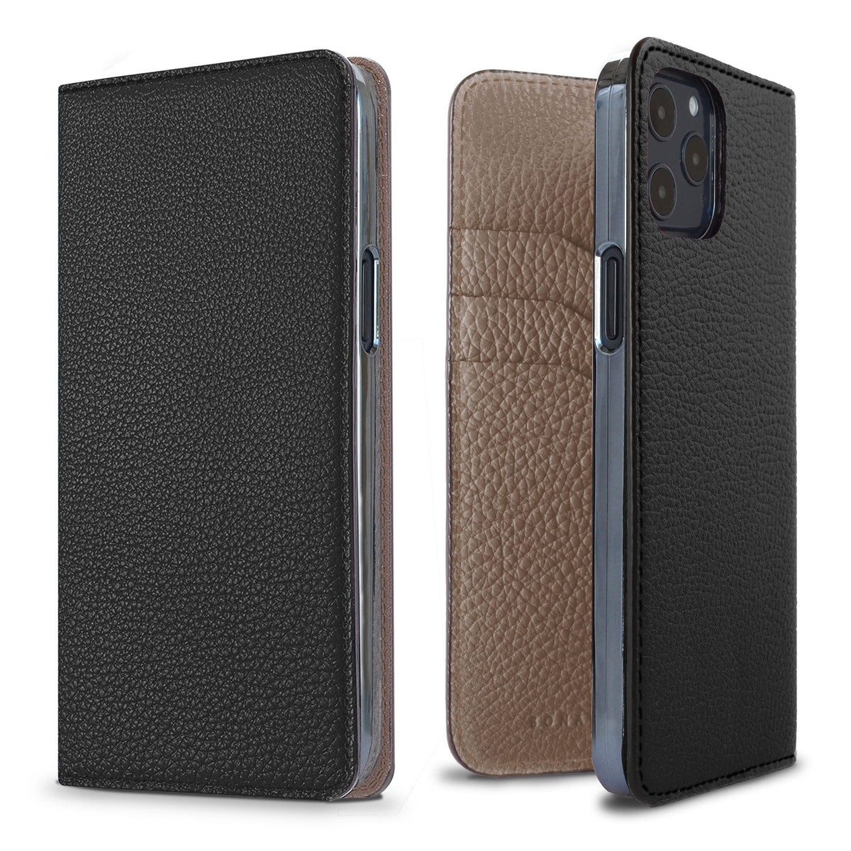 iPhone 12 / 12 Pro Diary Case Shrink Leather (Black × Etoupe)
