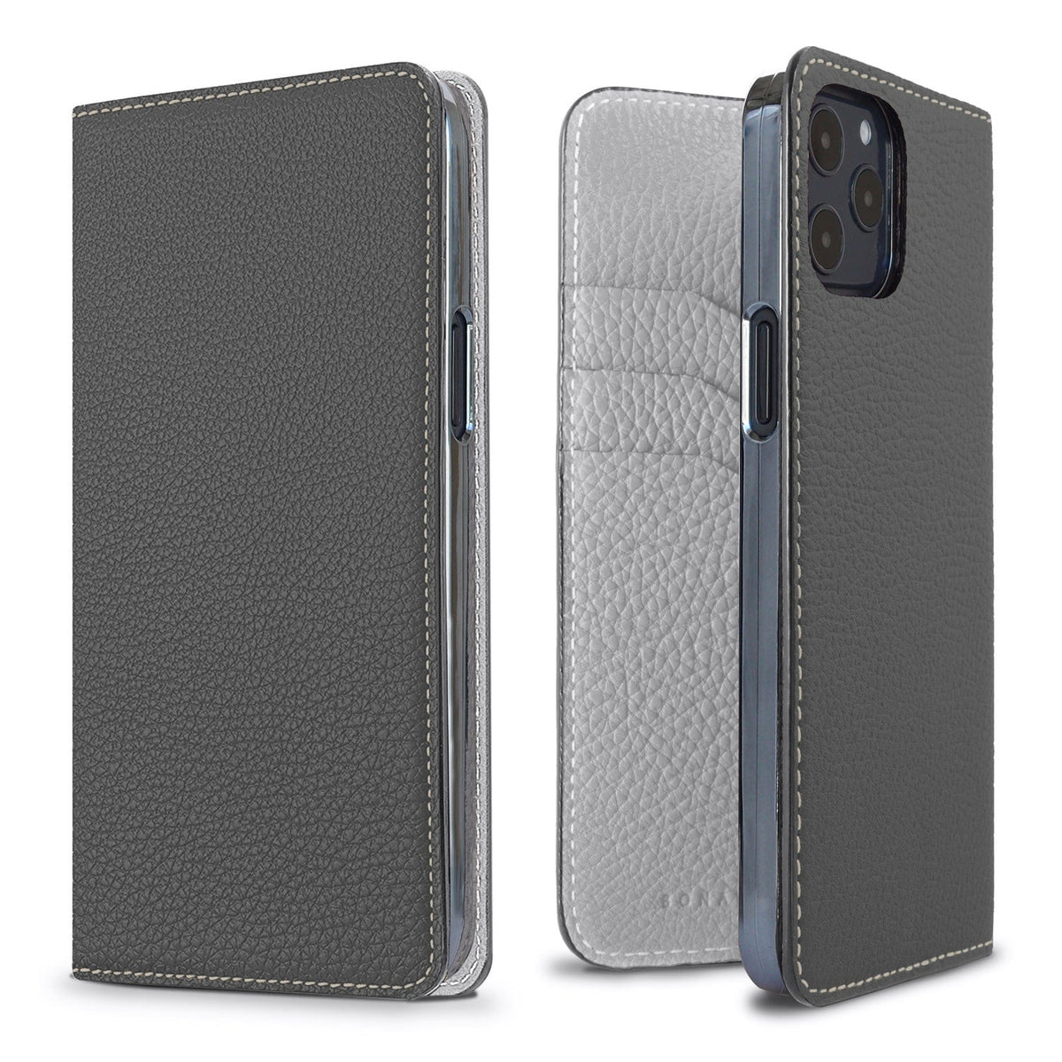 iPhone 12 / 12 Pro Diary Case Shrink Leather (Charcoal Gray × True Gray)