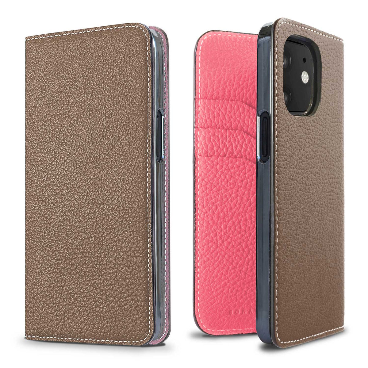 iPhone 12 / 12 Pro Diary Case Shrink Leather (Etoupe × Azalee Pink)
