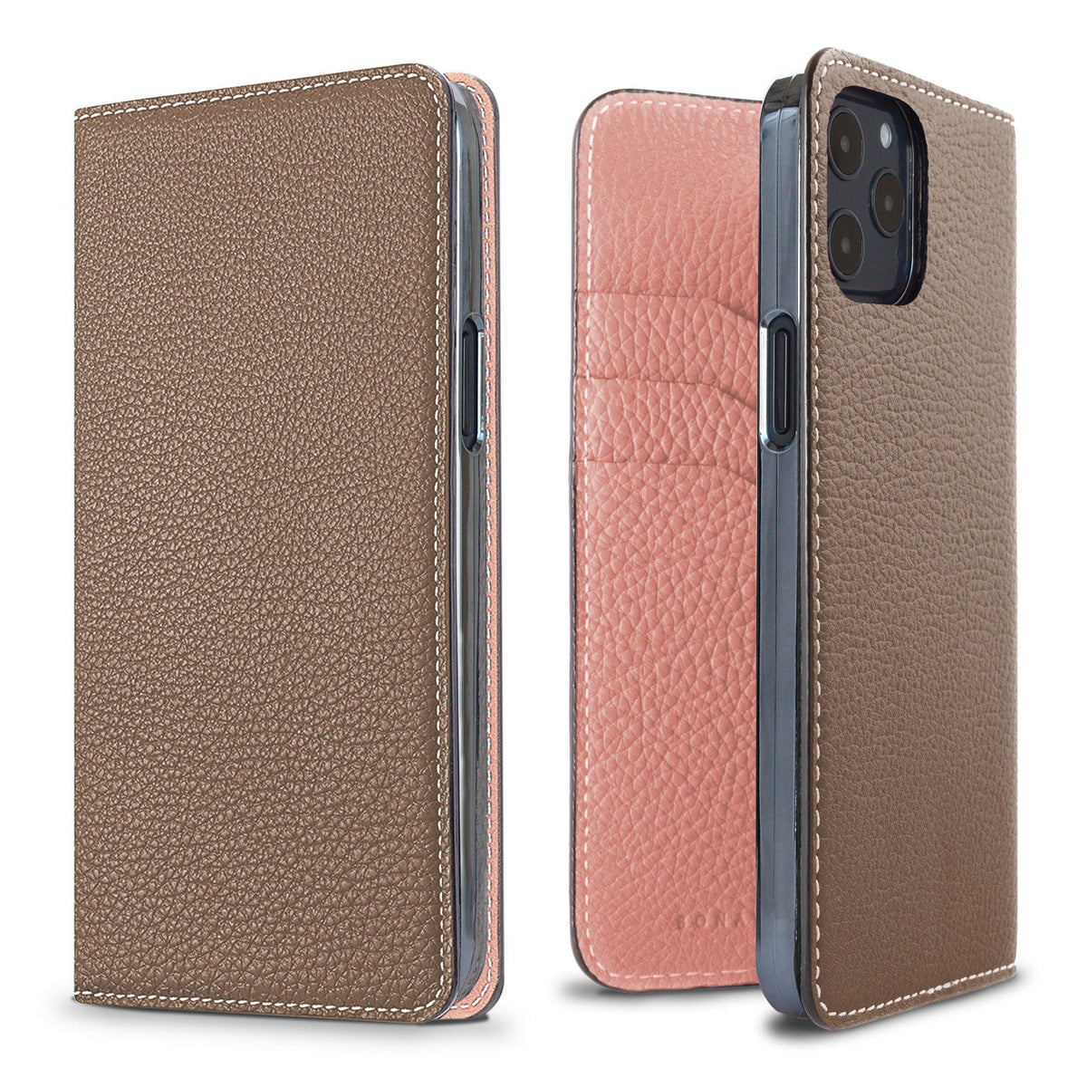 iPhone 12 / 12 Pro Diary Case Shrink Leather (Etoupe × Coral Pink)