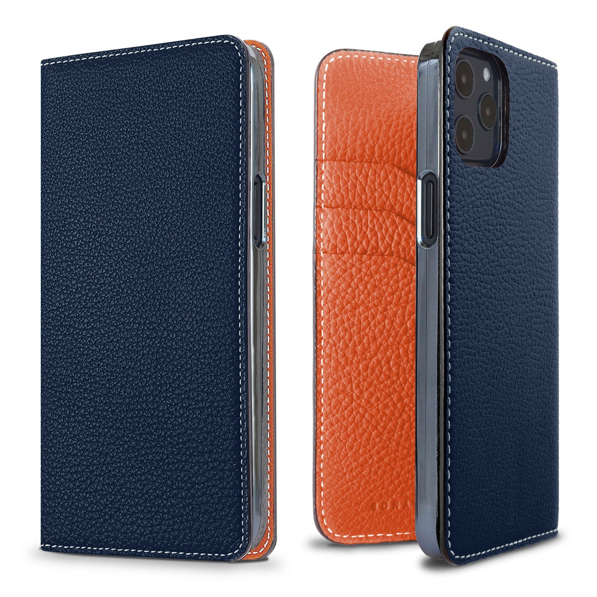 iPhone 12 / 12 Pro Diary Case Shrink Leather (Navy × Orange)