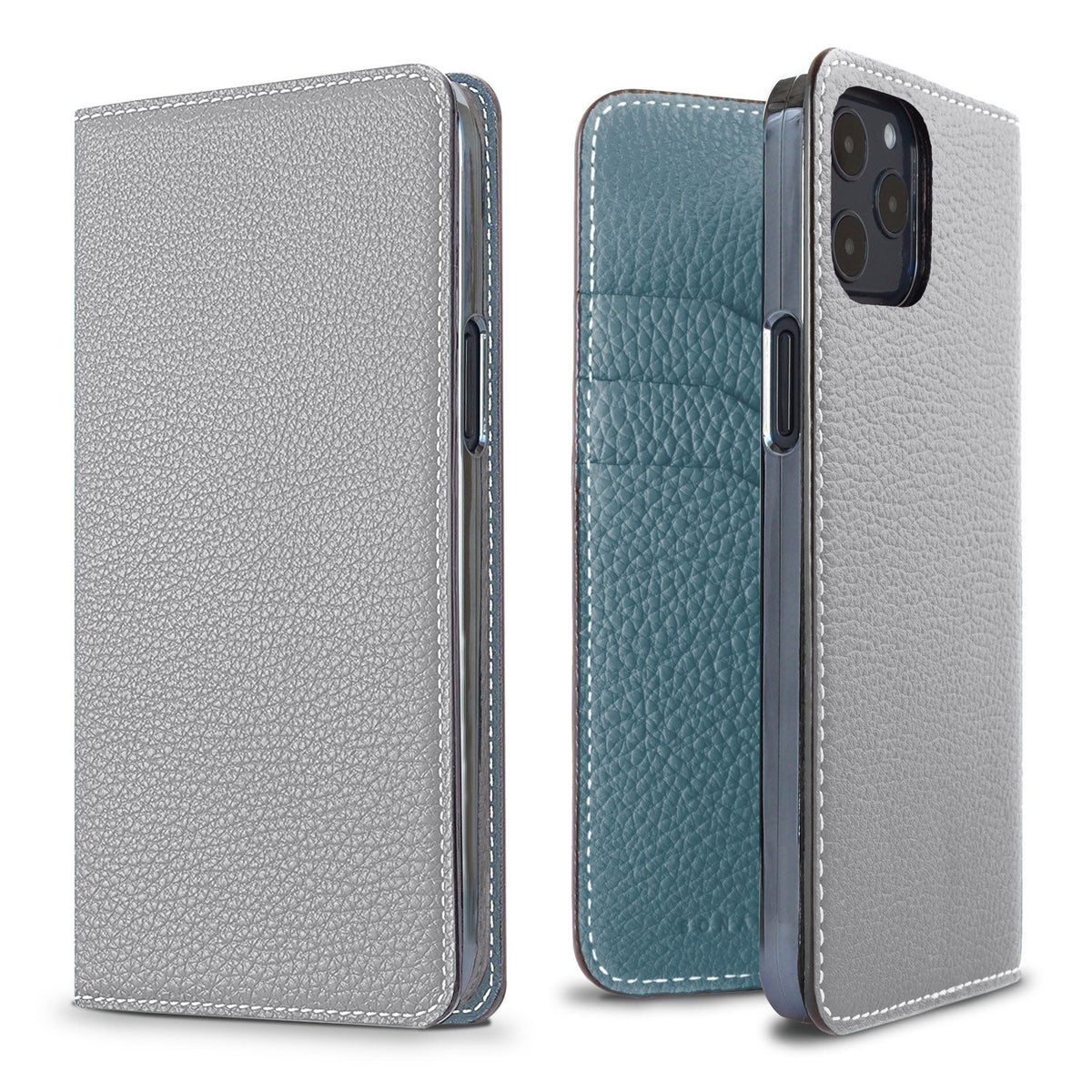 iPhone 12 / 12 Pro Diary Case Shrink Leather (True Gray × Blue Cyan)