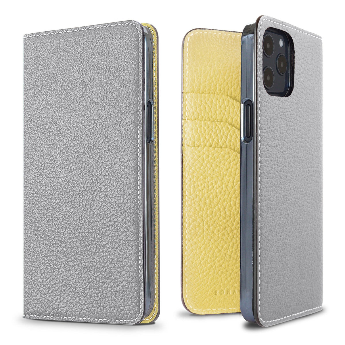 iPhone 12 / 12 Pro Diary Case Shrink Leather (True Gray × Yellow)