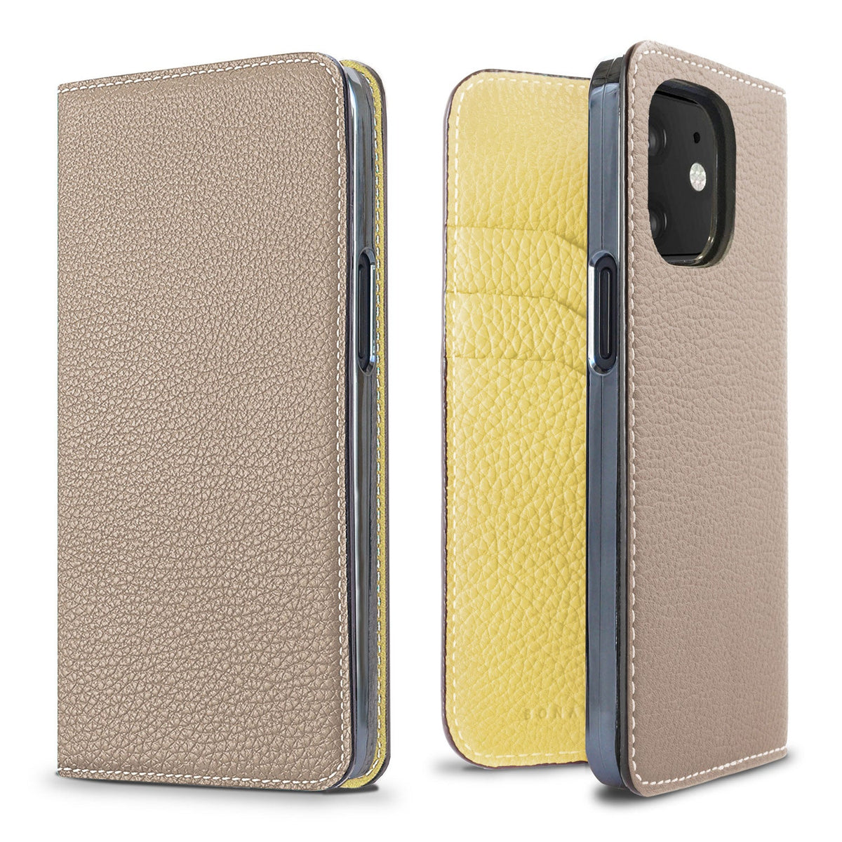 iPhone 12 mini Diary Case Shrink Leather (Greige × Yellow)