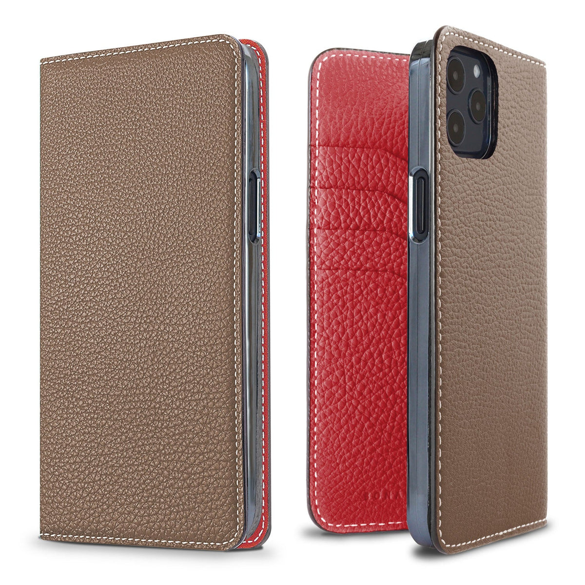 iPhone 12 Pro Max Diary Case Shrink Leather (Etoupe × Red)