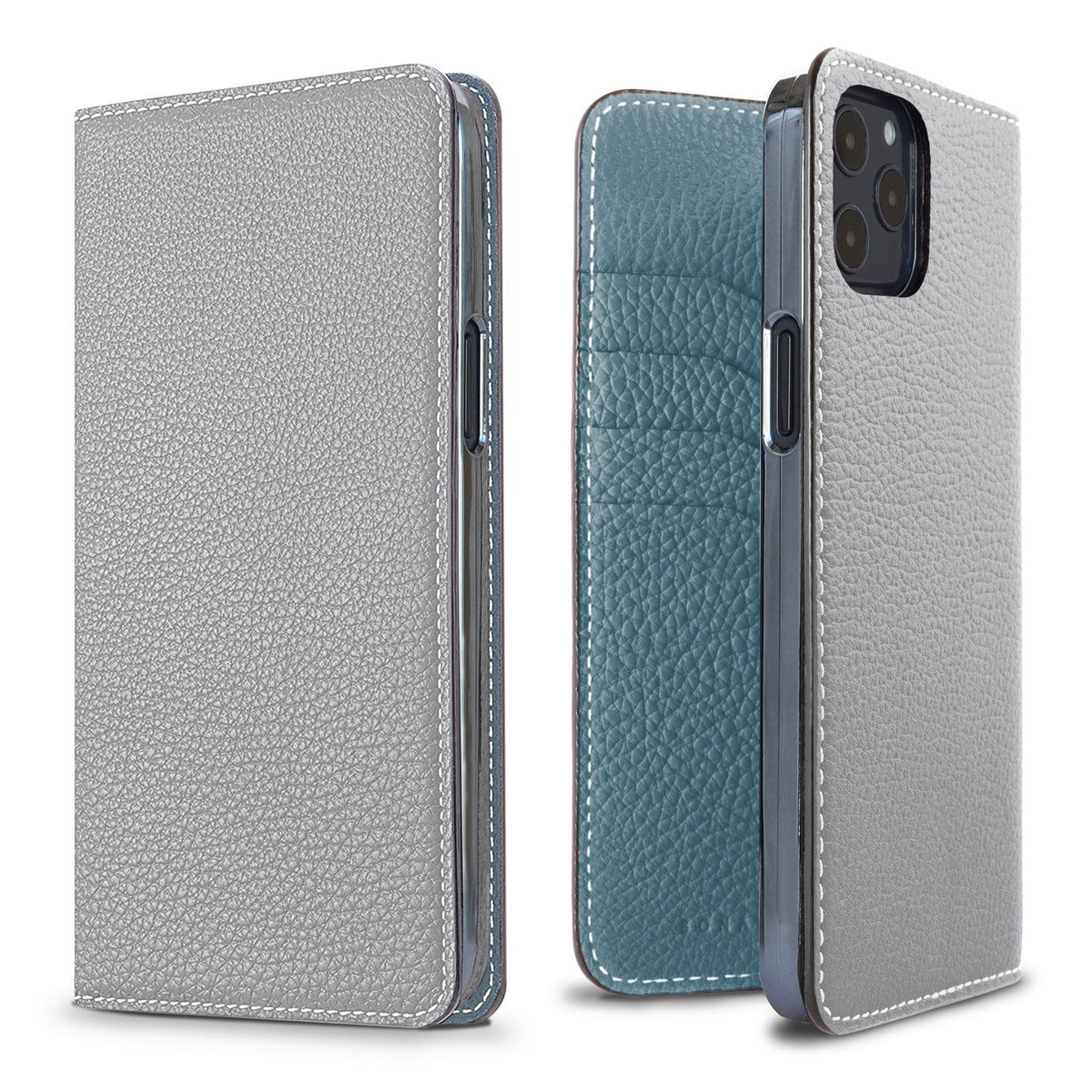 iPhone 12 Pro Max Diary Case Shrink Leather (True Gray × Blue Cyan)