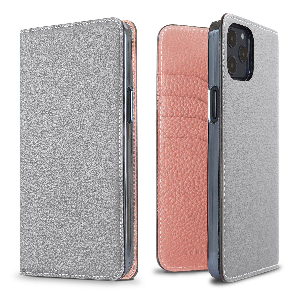 iPhone 12 Pro Max Diary Case Shrink Leather (True Gray × Coral Pink)