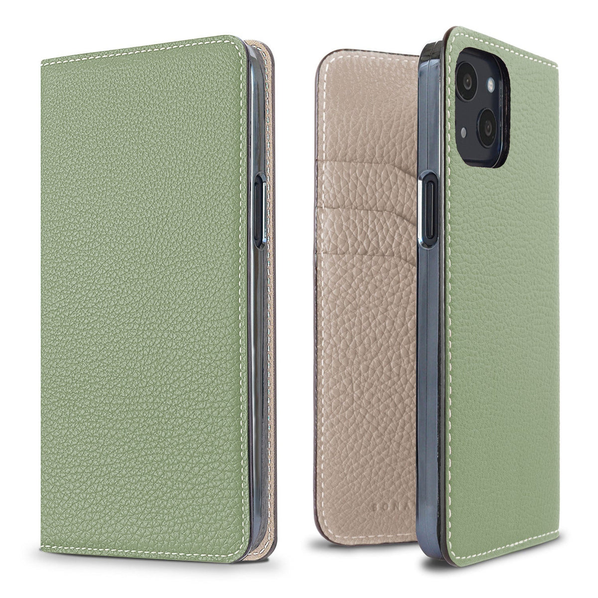 iPhone 13 Diary Case Shrink Leather (Atmos Green × Greige)