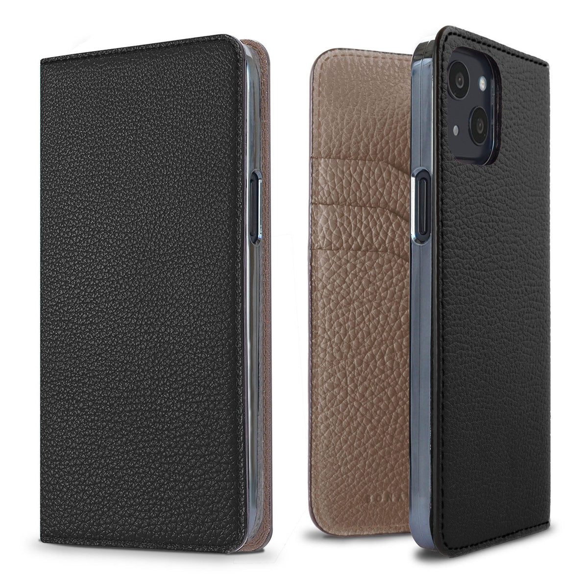 iPhone 13 Diary Case Shrink Leather (Black × Etoupe)