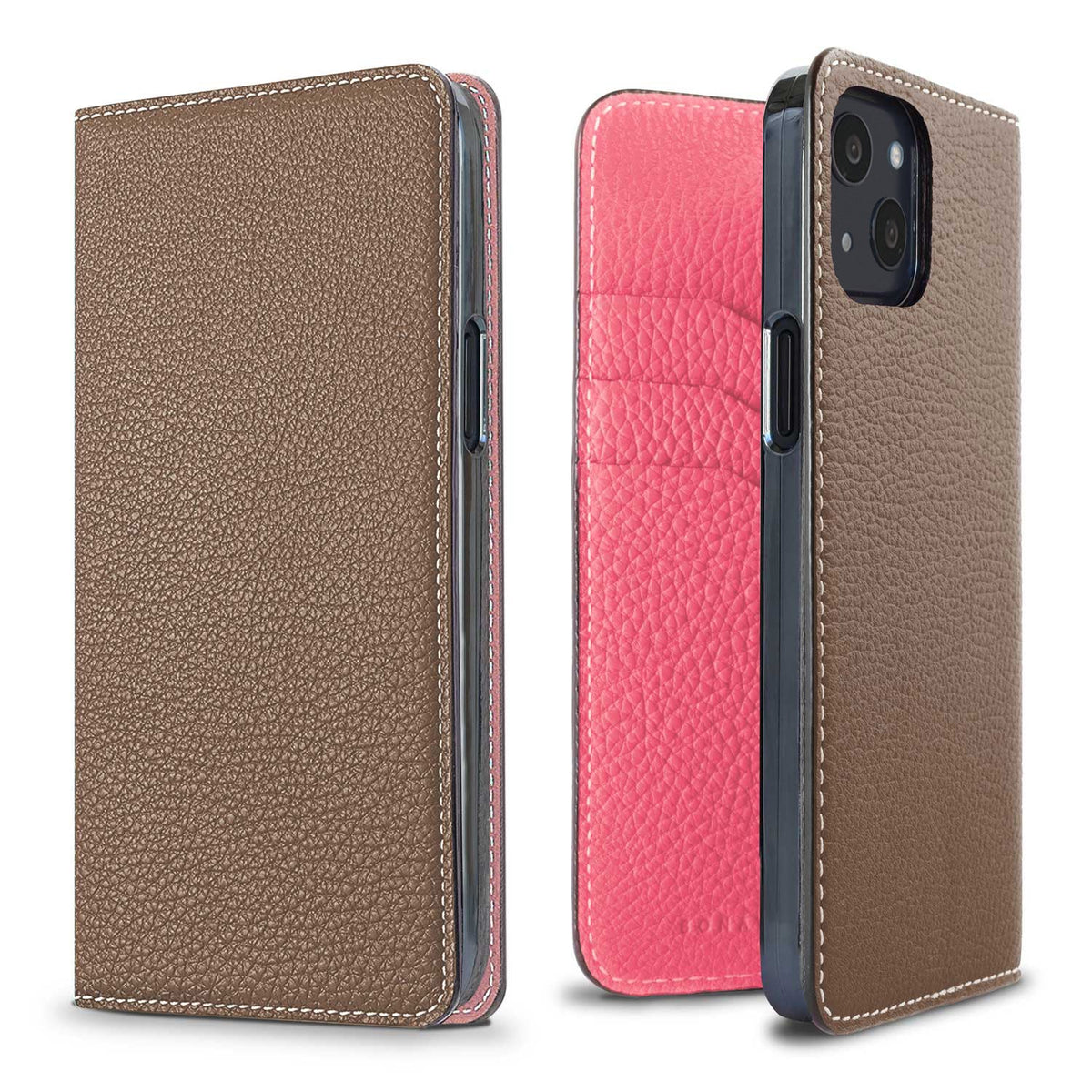 iPhone 13 Diary Case Shrink Leather (Etoupe × Azalee Pink)