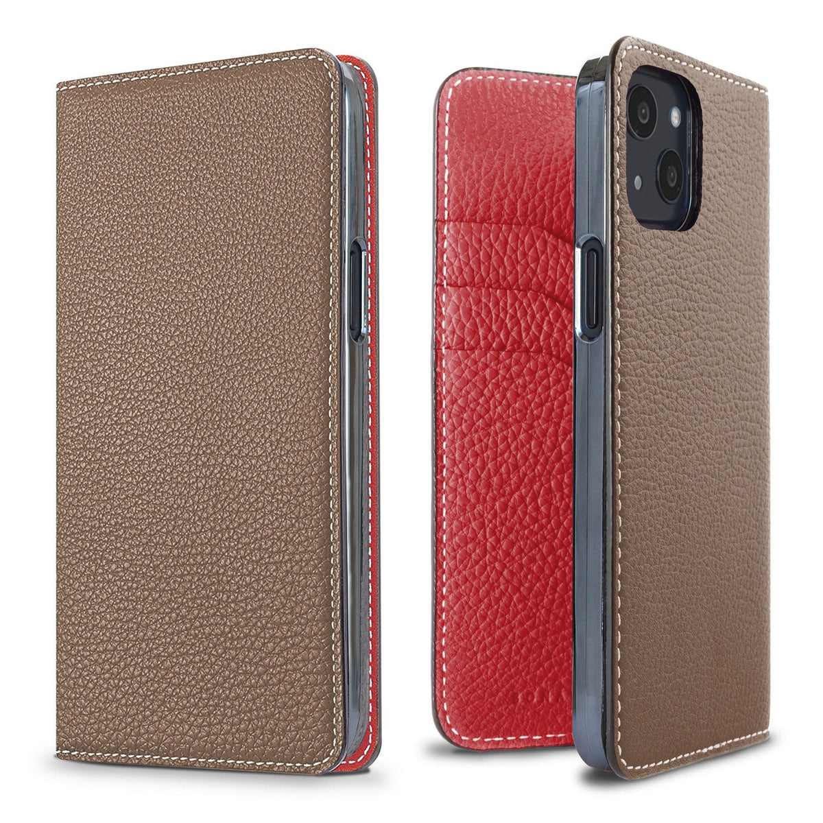 iPhone 13 Diary Case Shrink Leather (Etoupe × Red)