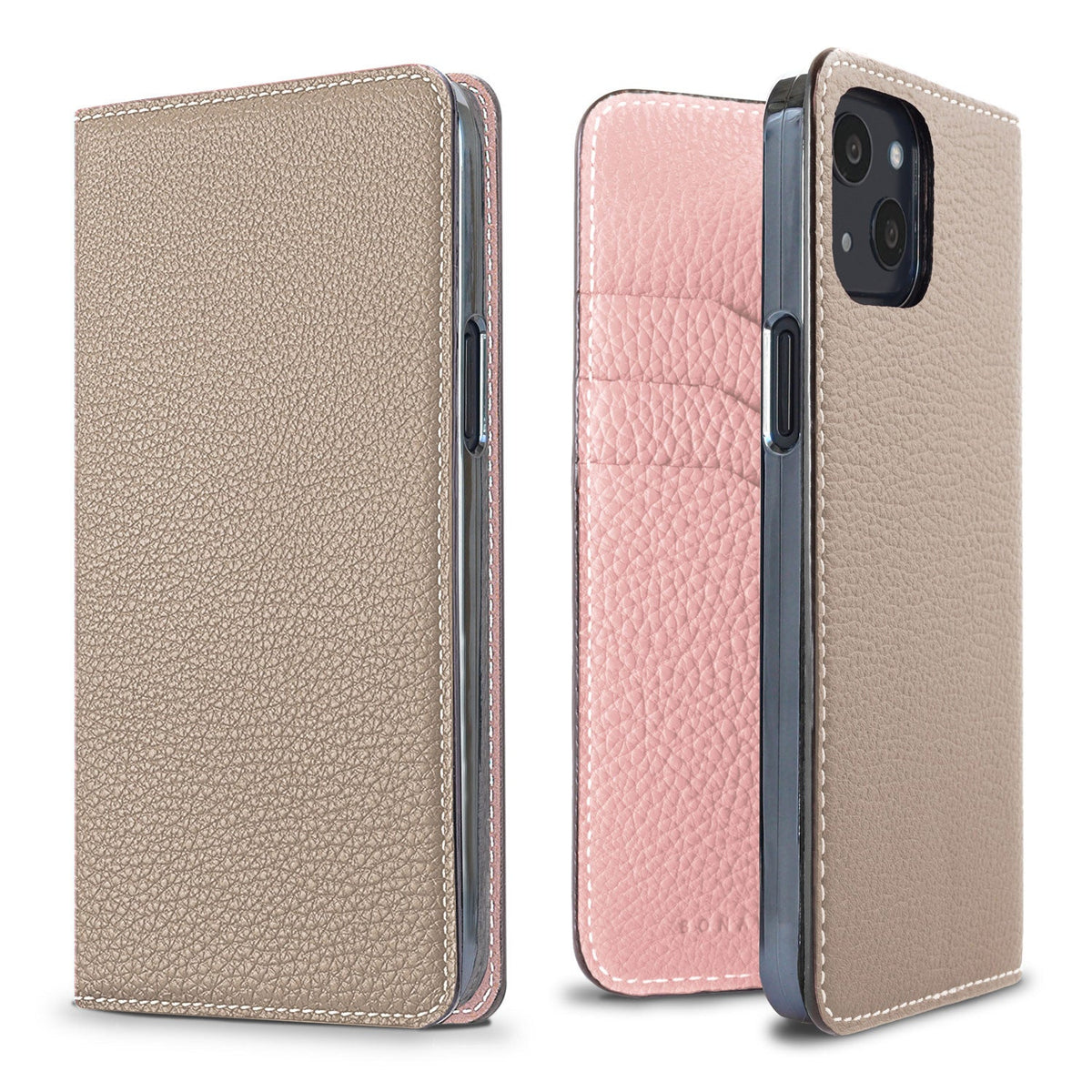 iPhone 13 Diary Case Shrink Leather (Greige × Sakura Pink)