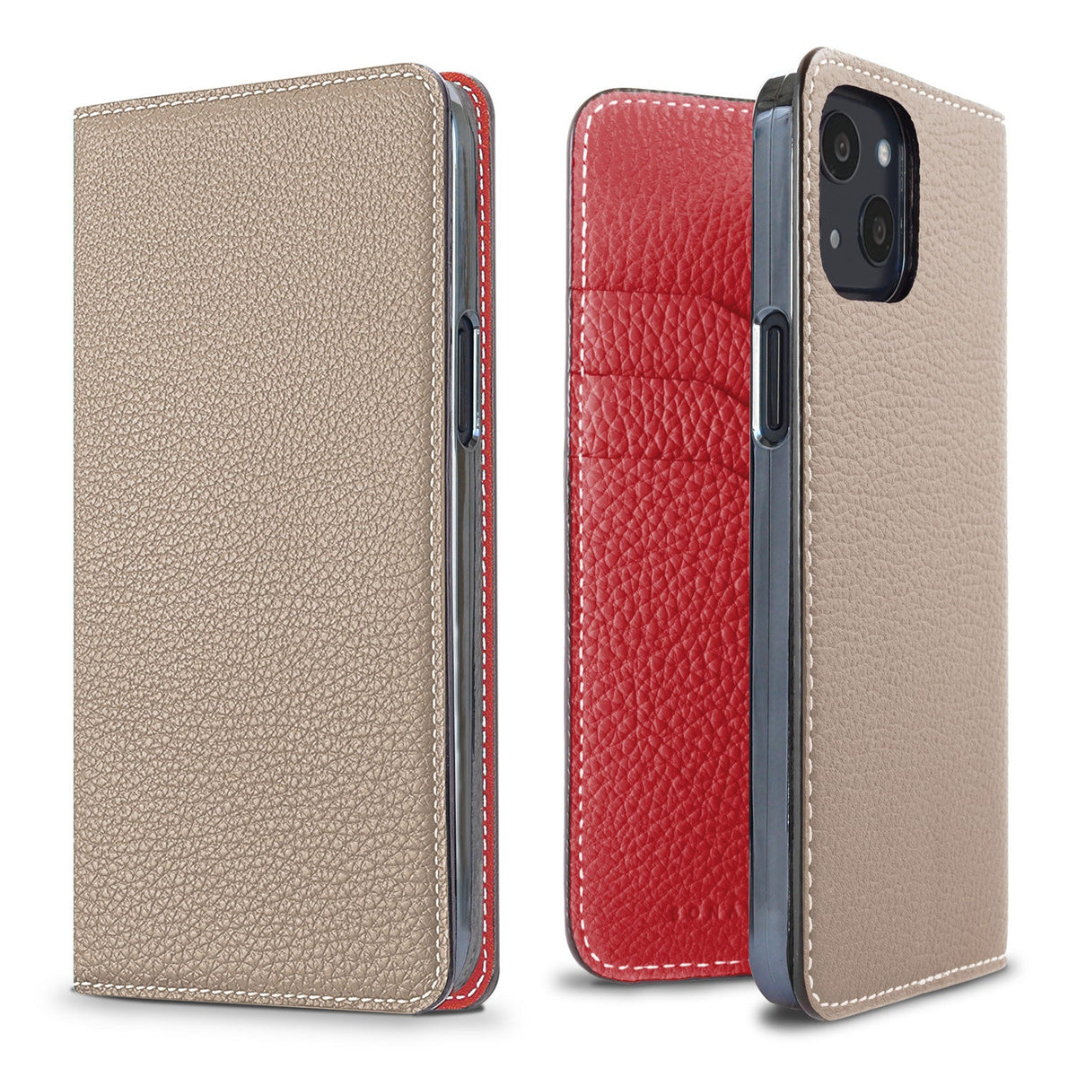 iPhone 13 Diary Case Shrink Leather (Greige × Red)