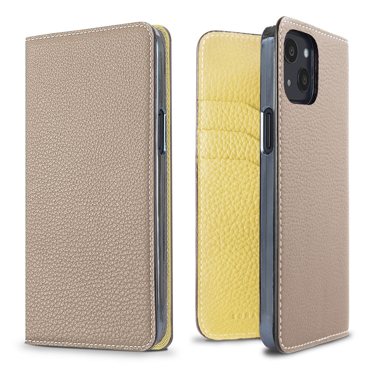 iPhone 13 Diary Case Shrink Leather (Greige × Yellow)