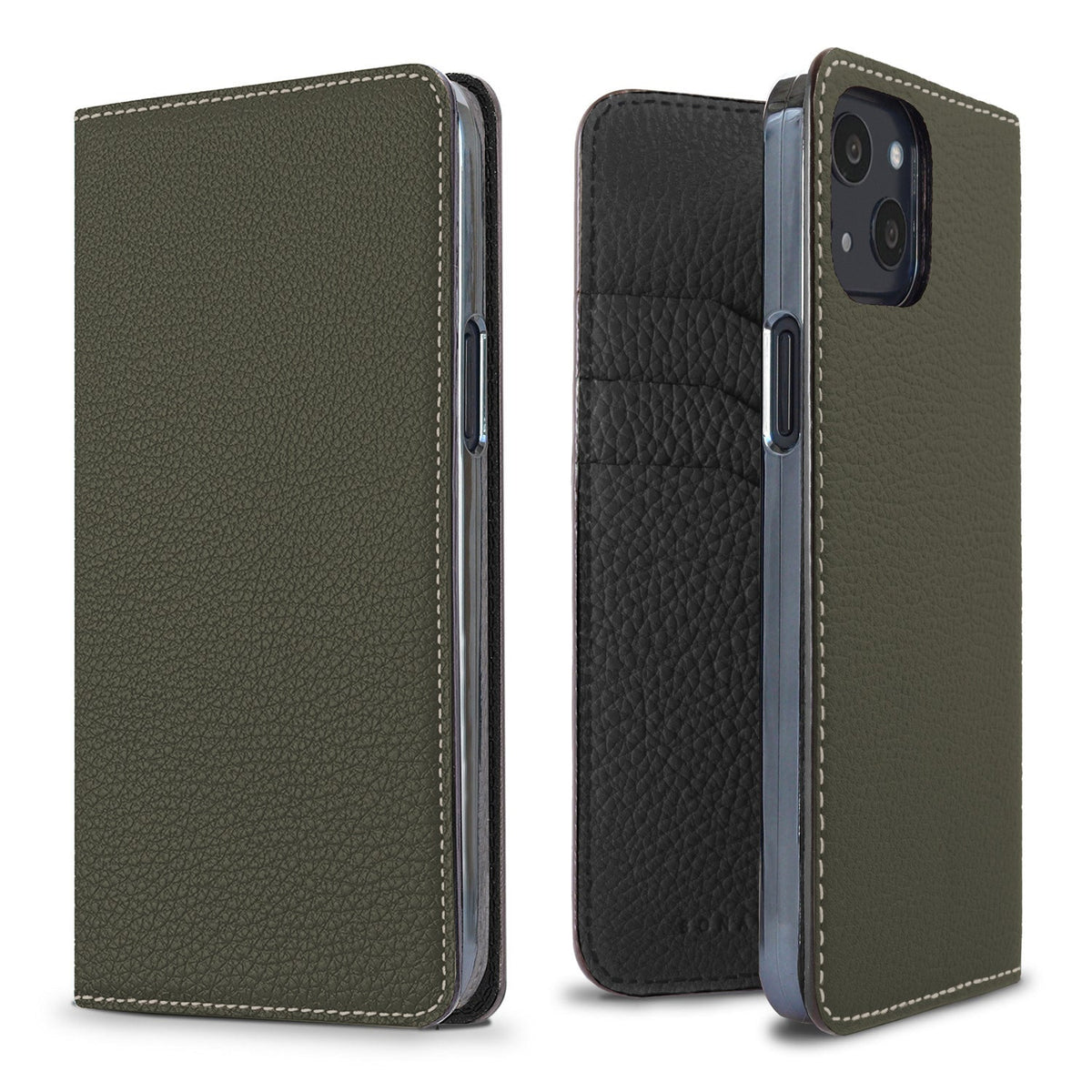 iPhone 13 Diary Case Shrink Leather (Olive × Black)