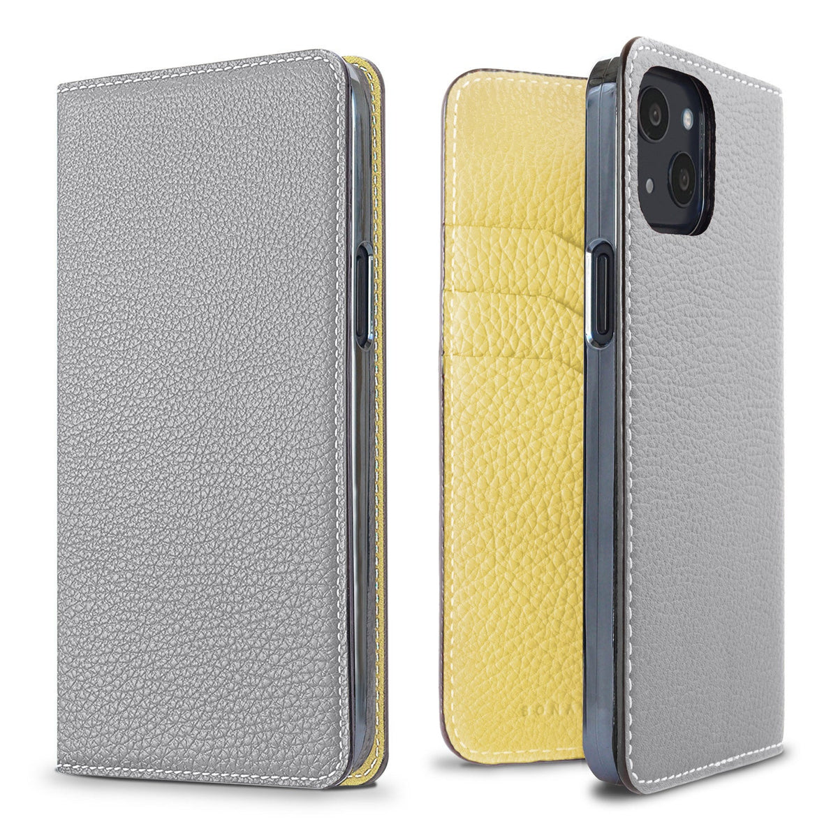 iPhone 13 Diary Case Shrink Leather (True Gray × Yellow)