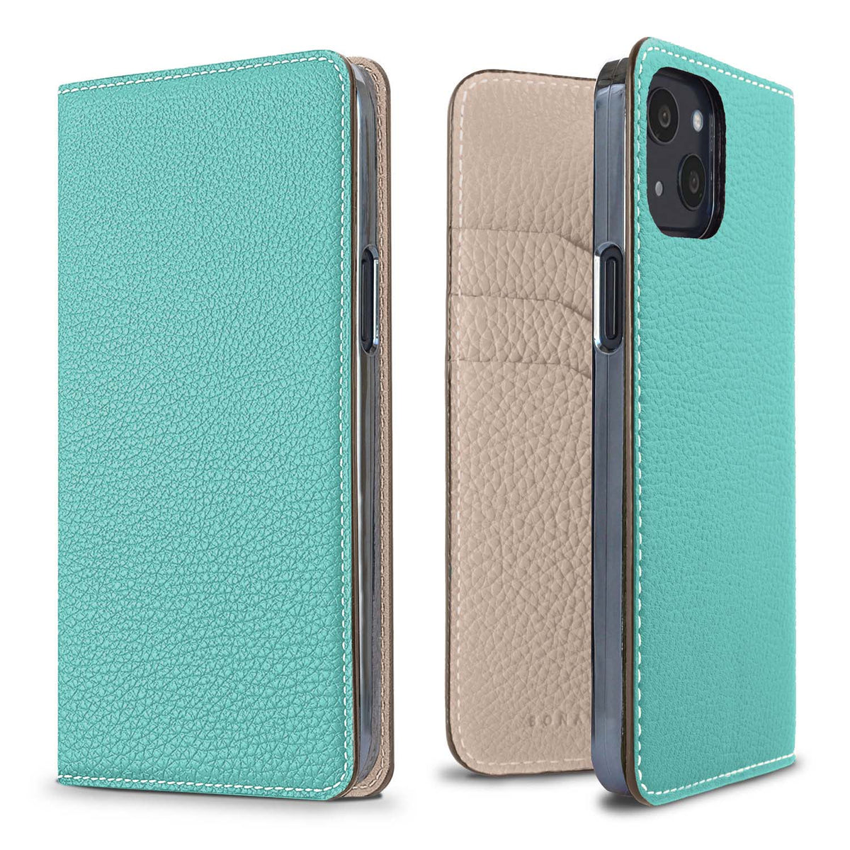 iPhone 13 Diary Case Shrink Leather (Atoll Blue × Greige (Etoupe edge paint))