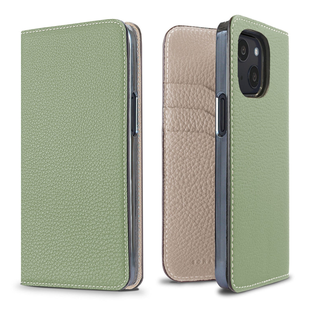 iPhone 13 mini Diary Case Shrink Leather (Atmos Green × Greige)
