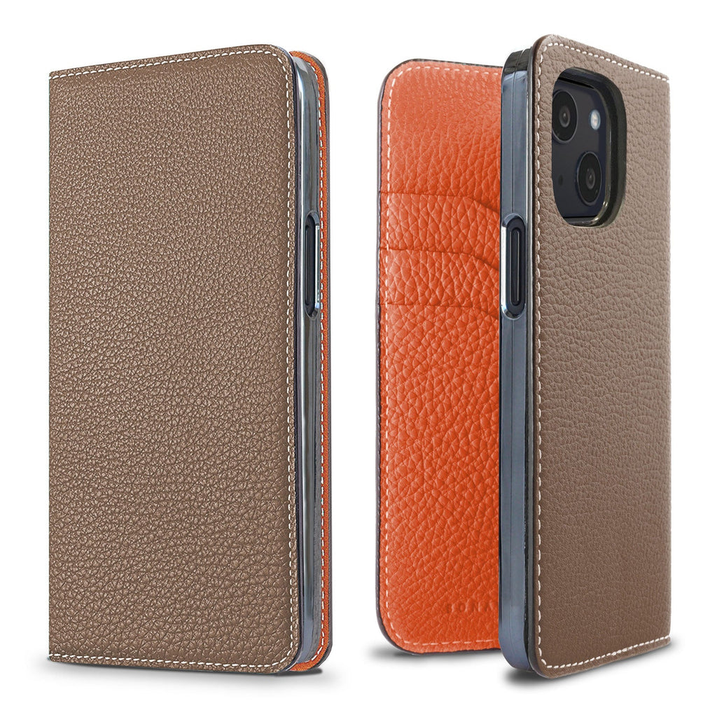 iPhone 13 mini Diary Case Shrink Leather (Etoupe × Orange)