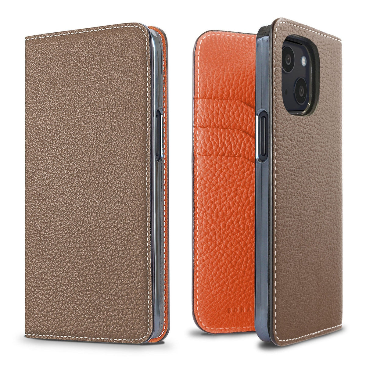 iPhone 13 mini Diary Case Shrink Leather (Etoupe × Orange)