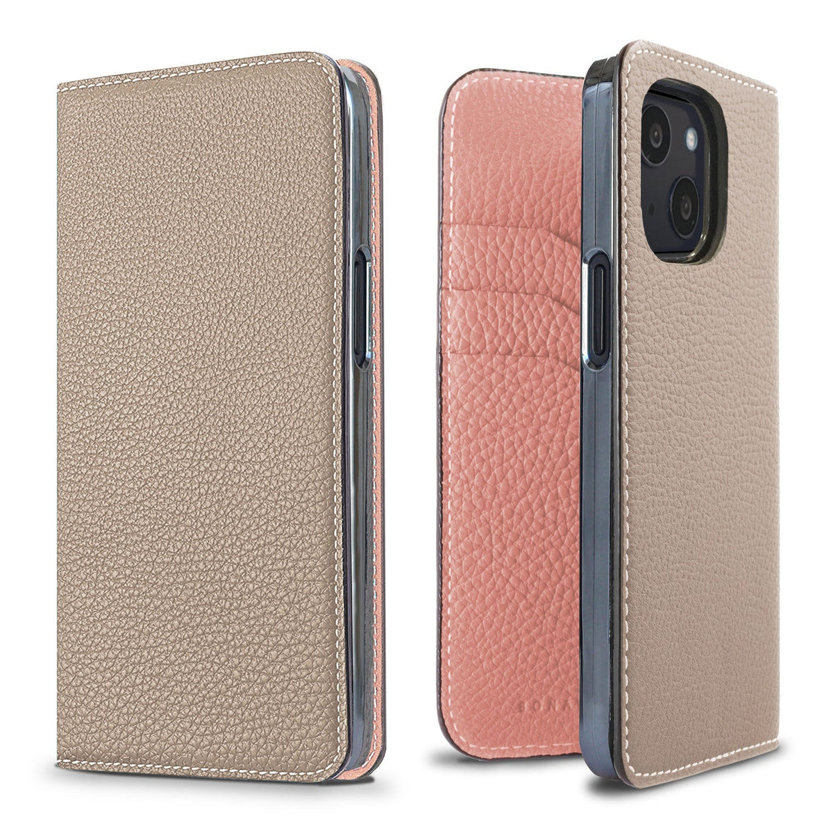 iPhone 13 mini Diary Case Shrink Leather (Greige × Coral Pink)
