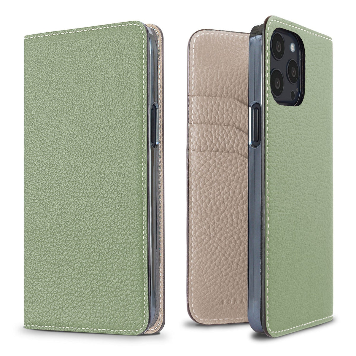 iPhone 13 Pro Diary Case Shrink Leather (Atmos Green × Greige)