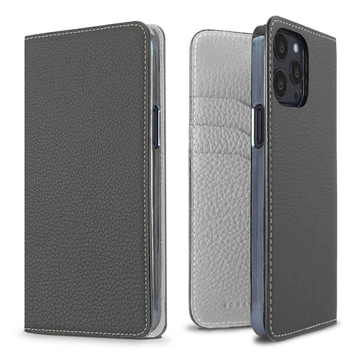 iPhone 13 Pro Diary Case Shrink Leather (Charcoal Gray × True Gray)