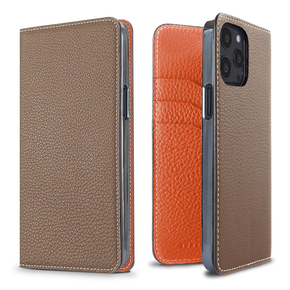 iPhone 13 Pro Diary Case Shrink Leather (Etoupe × Orange)