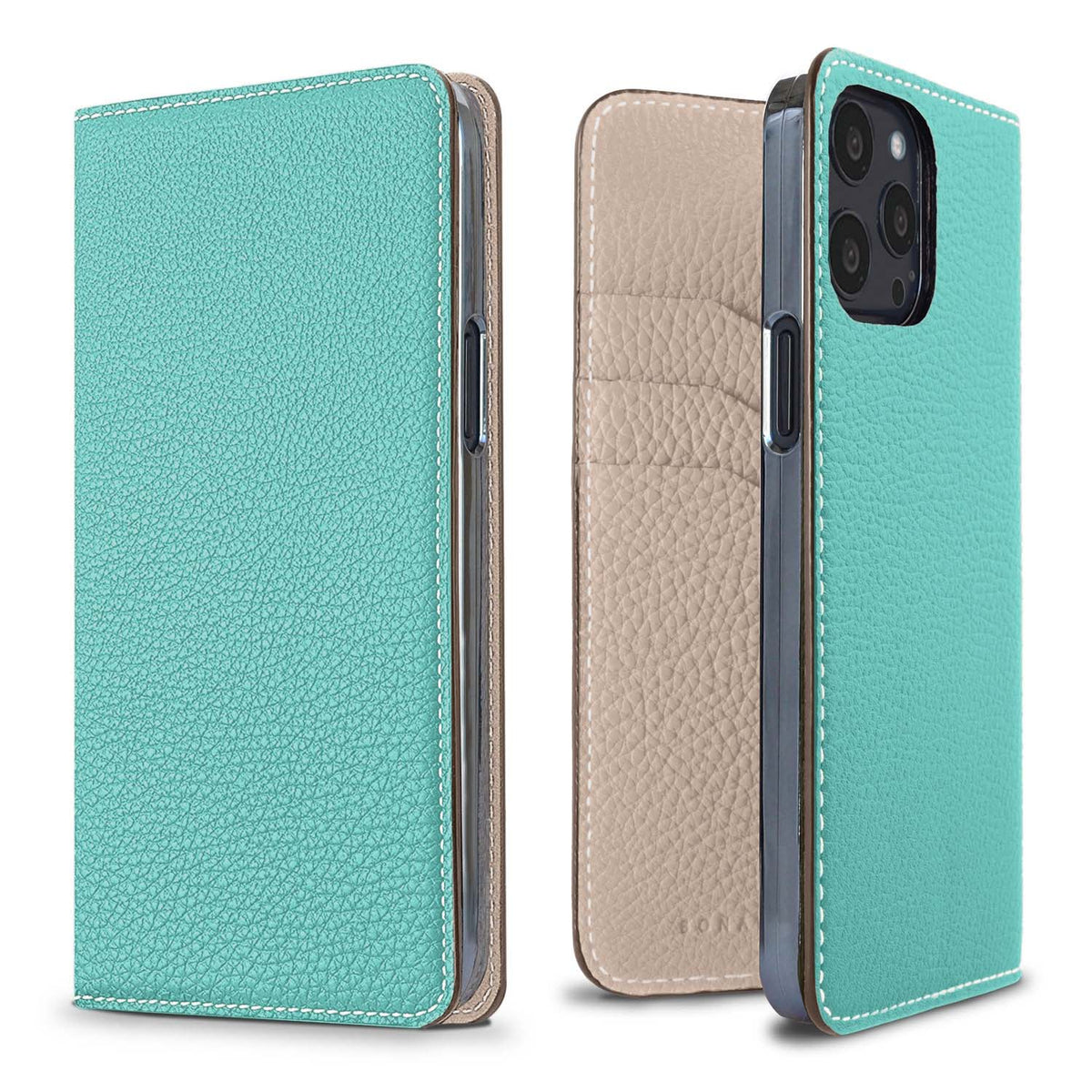 iPhone 13 Pro Diary Case Shrink Leather (Atoll Blue × Greige (Etoupe edge paint))