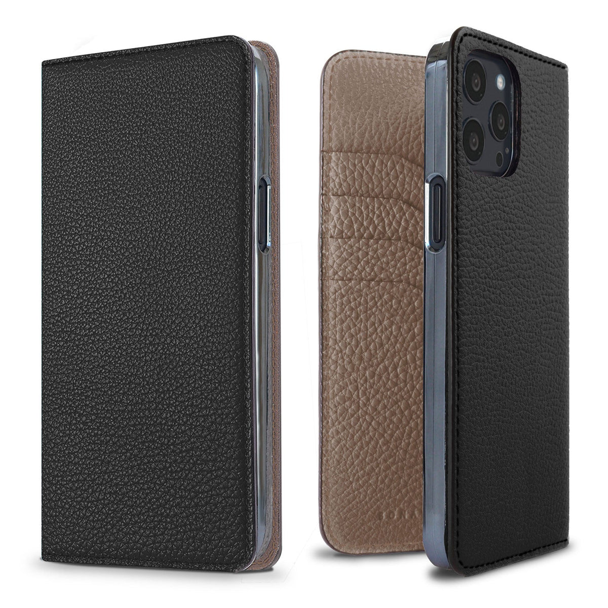 iPhone 13 Pro Max Diary Case Shrink Leather (Black × Etoupe)