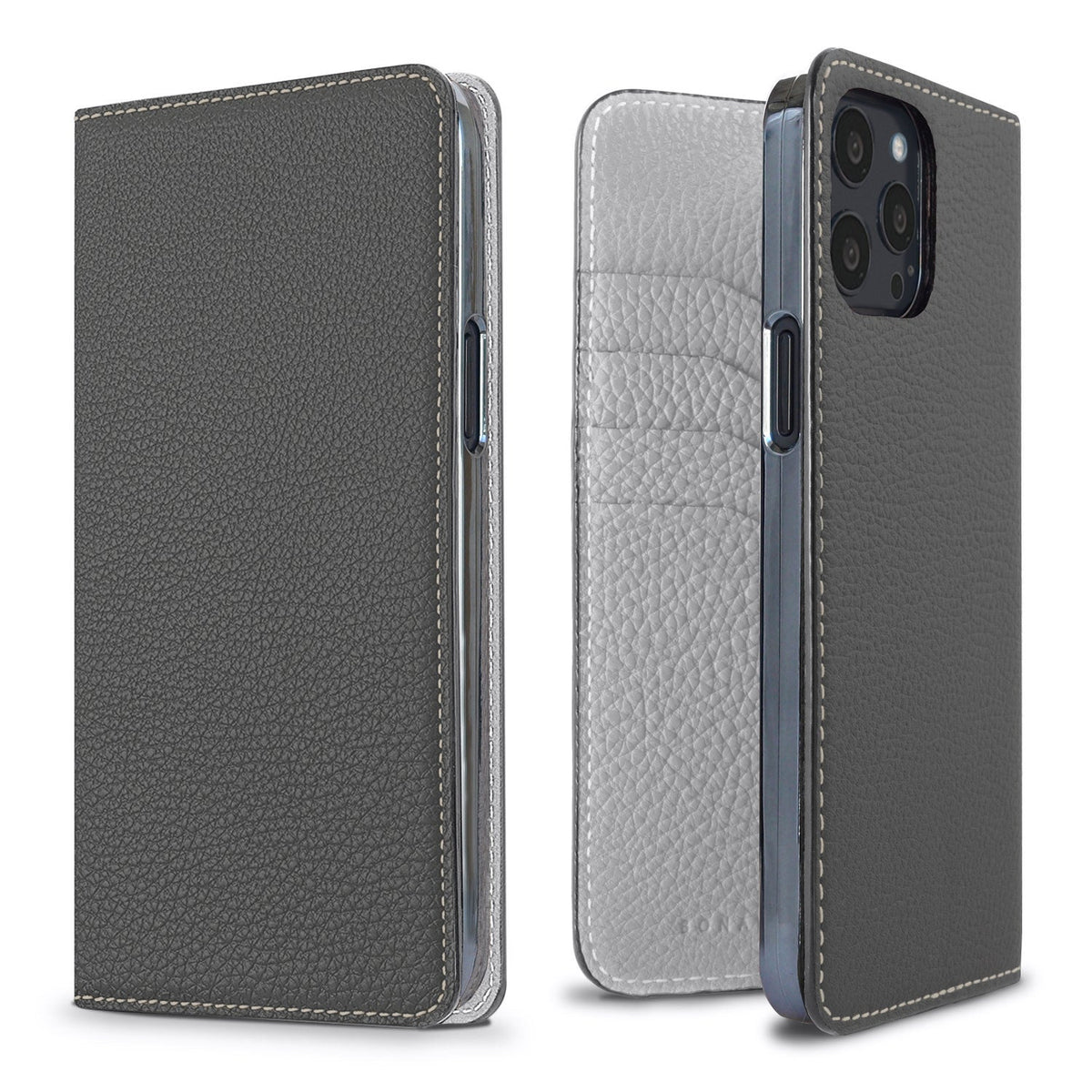iPhone 13 Pro Max Diary Case Shrink Leather (Charcoal Gray × True Gray)