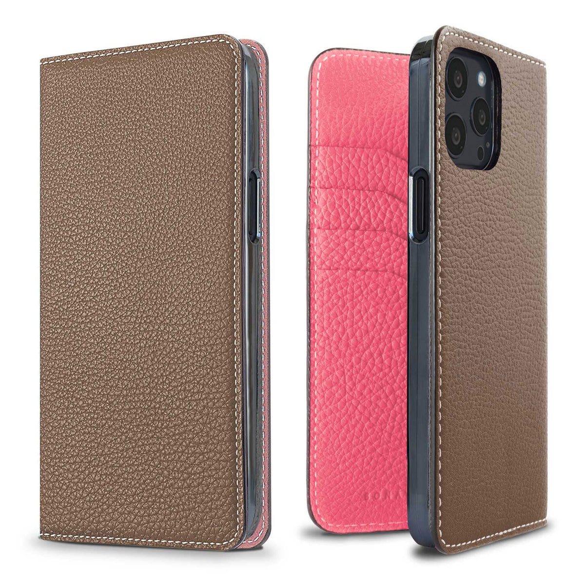 iPhone 13 Pro Max Diary Case Shrink Leather (Etoupe × Azalee Pink)