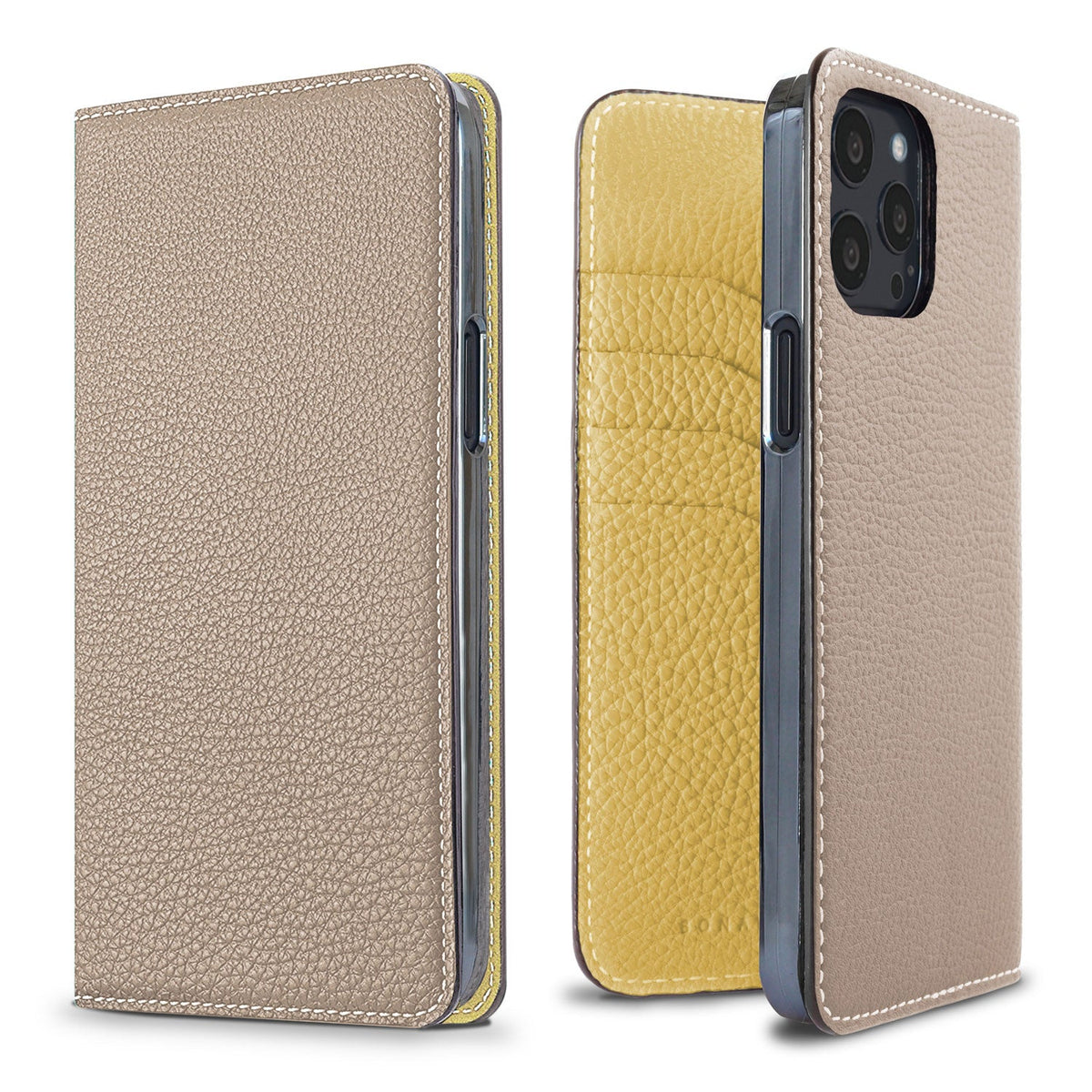 iPhone 13 Pro Max Diary Case Shrink Leather (Greige × Yellow)