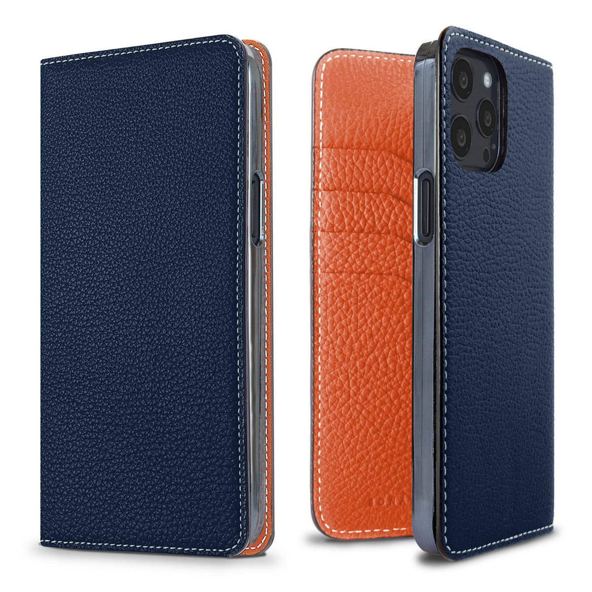 iPhone 13 Pro Max Diary Case Shrink Leather (Navy × Orange)