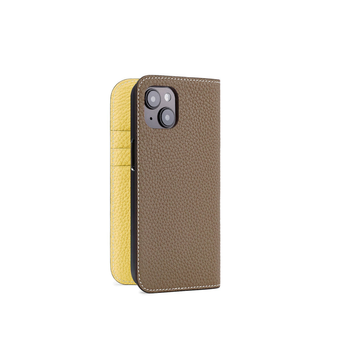 iPhone 14 Diary Case Shrink Leather (Etoupe × Yellow)