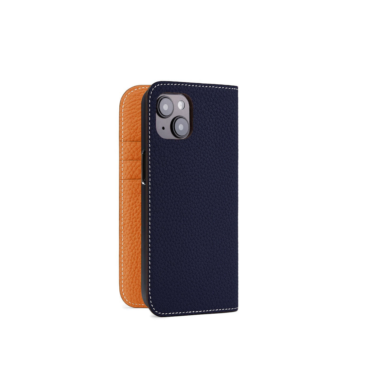iPhone 14 Diary Case Shrink Leather (Navy × Orange)