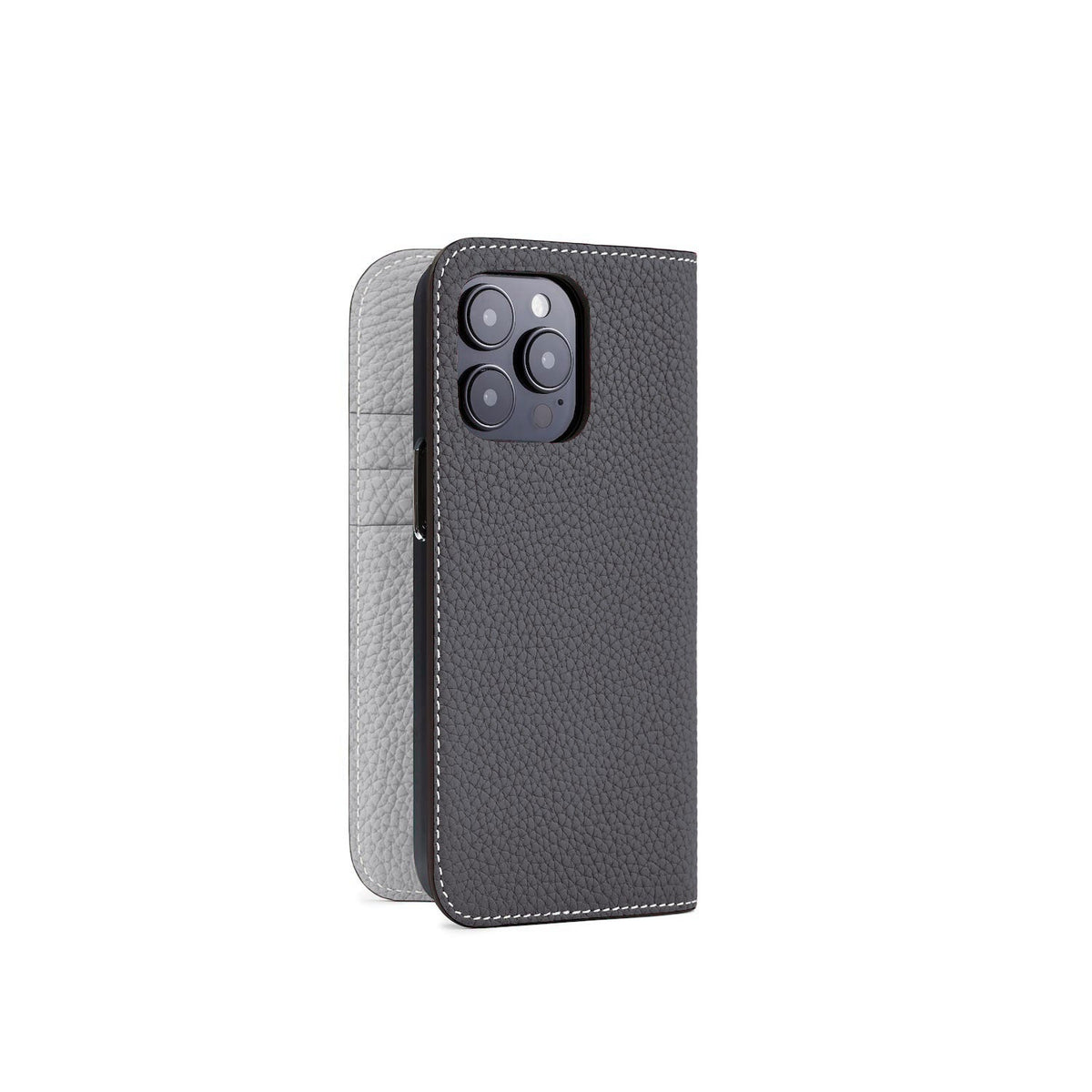 iPhone 14 Pro Diary Case Shrink Leather (Charcoal Gray × True Gray)