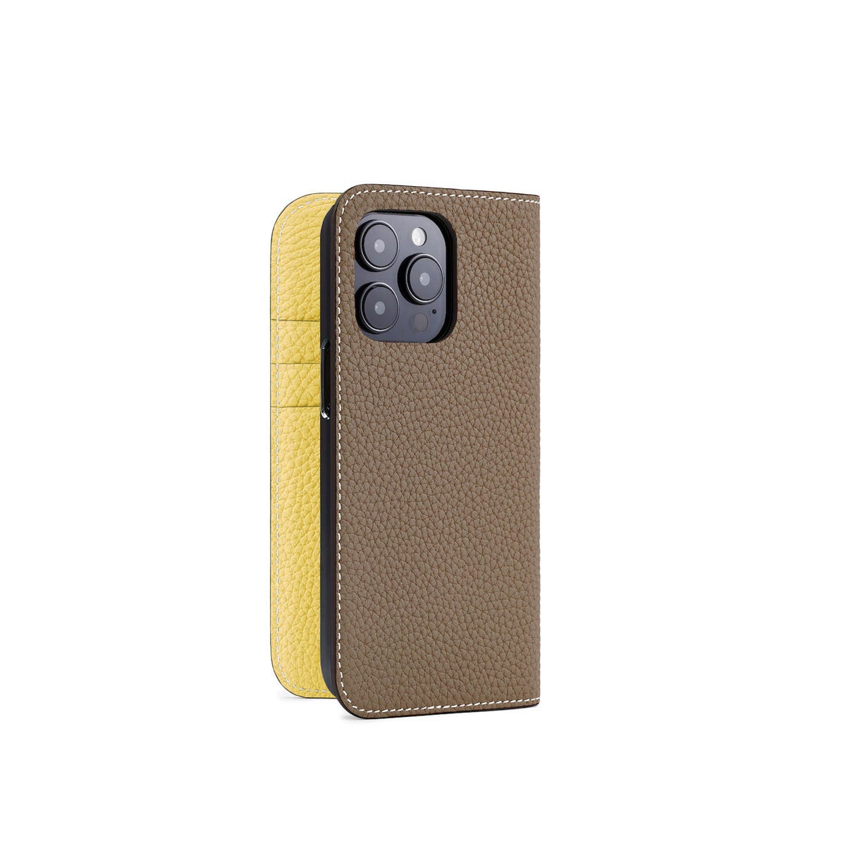 iPhone 14 Pro Diary Case Shrink Leather (Etoupe × Yellow)