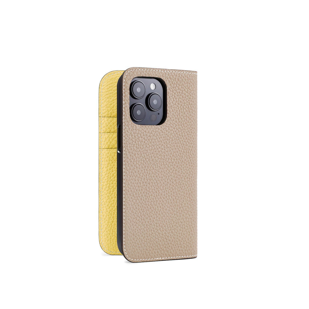 iPhone 14 Pro Diary Case Shrink Leather (Greige × Yellow)